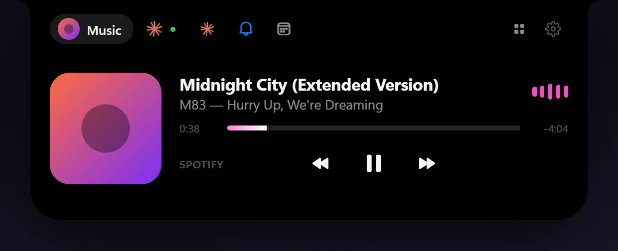 Expanded music panel with album art, track, progress bar and controls